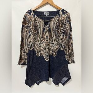 JM Collection Tunic Large Blue Gold Paisley Print Metallic Glitter Sharkbite Hem